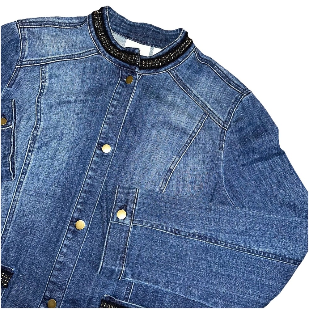 Chico's Blue Denim Button Up Jacket Black Gold Trim Women's 2 (12/14-L) $139‎